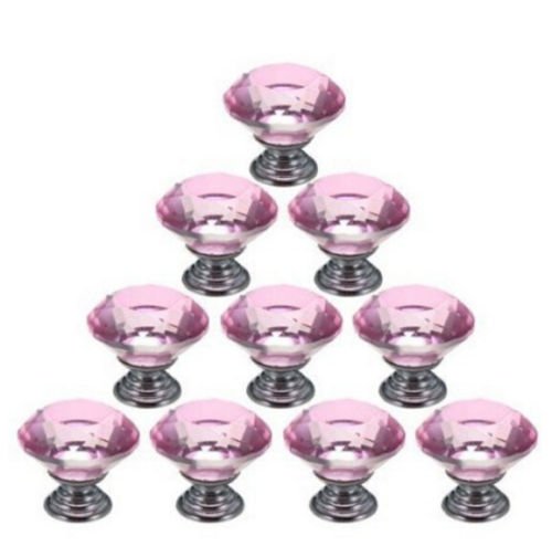 econoLED Drawer Pull Handles, 10Pcs 30mm Crystal Glass Diamond Shape Cabinet Cupboard Drawer Knobs with Golden Screws - Pink