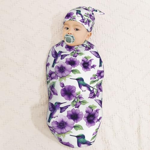 Image of Painting Hummingbirds and Flowers Newborn Swaddle Blankets Hat Sets Soft Baby Receiving Blanket Swaddle Sack for Baby Shower Infant Boy Girl Gift