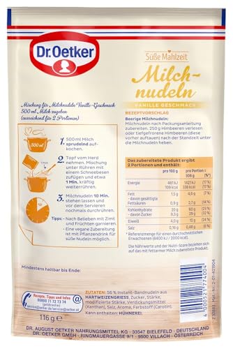 Dr. Oetker Süße Mahlzeit Milchnudeln Vanille-Geschmack 8er Pack, 8 x 116g, Dr. Oetker Milchnudeln für eine einfache und schnelle Zwischenmahlzeit