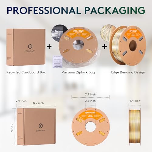 Image of ERYONE Silk Dual Color PLA Filament 3D Printer 1.75mm + /- 0.03mm, Bicolor Filament Two Tone PLA 1KG(2.2lbs) Cardboard Spool, Gold Silver