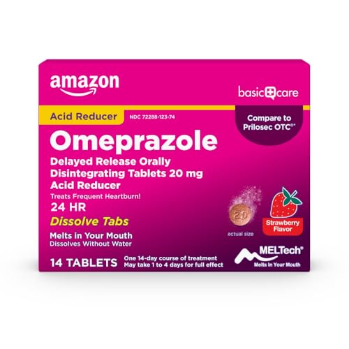 Amazon Basic Care Omeprazole Delayed Release Orally Disintegrating Tablets, 20 mg, Acid Reducer, Strawberry Flavor, Heartburn Relief, 14 Count - image 1