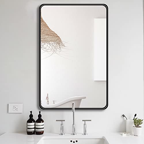 Clavie Espejo de pared de 22 x 30 pulgadas para baño de acero inoxidable de esquina redondeada rectangular espejo de baño moderno espejo de baño vertical u horizontal para sala de estar dormitorio