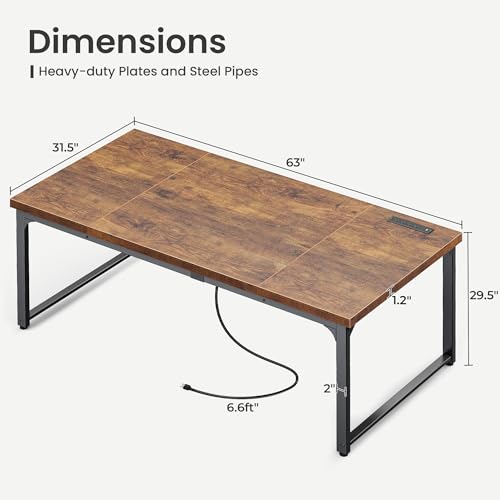 Huuger 63 x 31.5 inch Desk with Power Outlets & USB-C, 1.2 Inch Thicker Desktop, Robust Metal Tubes, Deep Computer Desk, Heavy Duty Office Desk, for Home Office, Rustic Brown