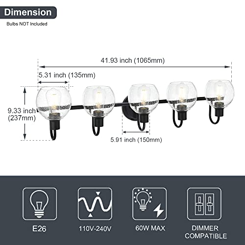 Image of 5-Lights Black Bathroom Vanity Light Fixtures Over Mirror, Modern Vanity Wall Sconce Lighting with Globe Seeded Glass Lampshades for Bedroom Kitchen Hallway