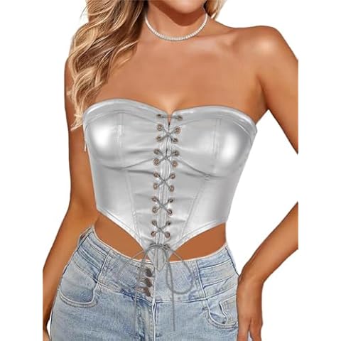 Eyret Women's Corset Top Lace Up Bustier Crop Top Sexy Strapless Boned Corset Going Out Party Club Top Bodyshaper Corset Outfit Cover