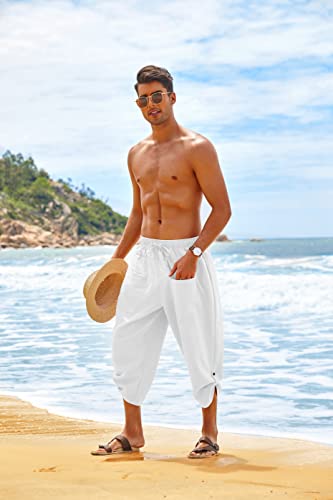 Coofandy Mens Linen Harem Pants White Capri Baggy Trousers Drawstring Boho Beach 3/4 Pants With Pockets #TOP1