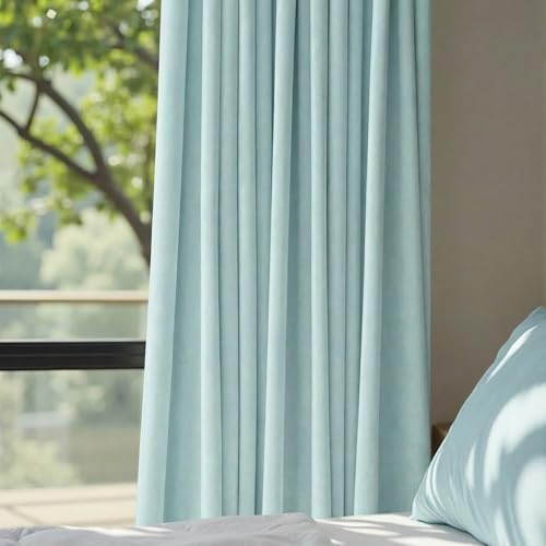 Image of Extra Long Light Blue Velvet Blackout Curtains 108 Inch Length 2 Panel for Large Window Living Room Spring Back Tab Pocket Cold Blocking Heavy Ceiling Floor Winter Drape for Bedroom Patio Sliding Door