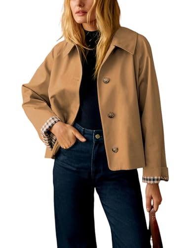 Yeokou Women Oversize Trench Coat Plaid Lining Lapel Button Down Casual Crop Jacket Outwear with Pockets(Camel-S)