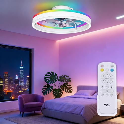 TCL 20'' Flush Mount Ceiling Fan with Lights and Remote, RGB Backlight Dual Lighting Mode, Modern Low Profile Ceiling Fan with Quiet DC Motor, Stylish Lighting for Bedroom, White - image 1