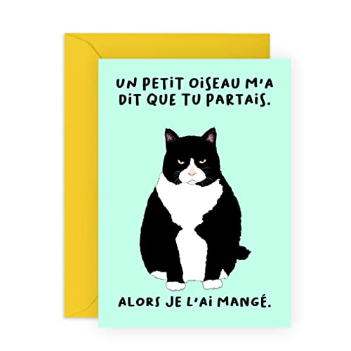 Central 23 Carte de départ pour femme - 'UN PETIT OISEAU M'A DIT QUE TU PARTAIS' - Carte d'adieu amusante pour homme - Motif chat - Nouvelle carte de travail - Cadeau humoristique pour ami, collègue