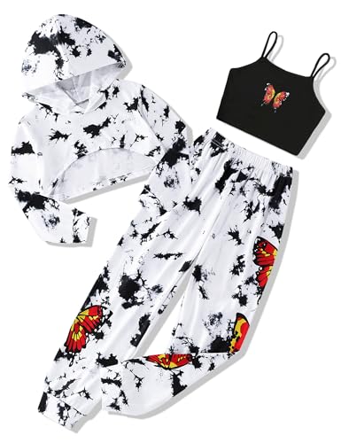 Image of Gaupafmb Girls Clothes 3PC Tie-dye with Butterfly Print Hoodie Sweatshirt Butterfly Print Cami Tops Sweatpants Girls