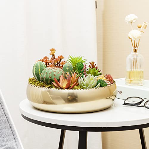 MyGift 11 inch Shiny Brass Toned Metal Round Planter Bowl with Pebbled Rim Shallow Bowl Succulent Pot Handcrafted in India