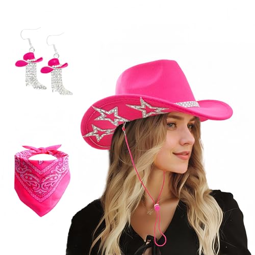 Image of SHENYI Cowgirl Hat and Bandana and Heart Sunglasses Glitter Rhinestone Star Cowboy Hat Western Sparkly Hats for Women Men