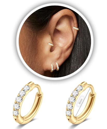 Gold CZ Huggie Earrings for Women Stainless Steel Small Hoop Earrings 8mm Inner Diameter 18G Post and 2mm Thick Profile Hinged Cartilage Helix Lobe Daith Ear Jewelry 1 Pair