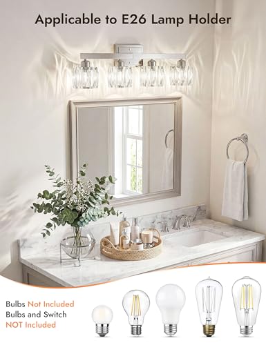 Image of VOLISUN Crystal Vanity Lights for Bathroom, 4 Light Bathroom Vanity Light, Modern Stainless Steel Bathrooms Lights Over Mirror, Chrome Bathrooms Lights Fixtures-UL Certificated(Exclude Bulb)