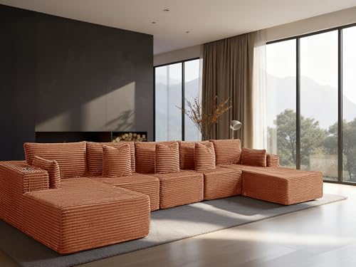 Image of 168 inch Cloud Sectional Couch, Comfort U Shaped Sofa for Living Room, Extra Deep Seats No Assembly, Minimalist Modular Couch, Corduroy (Deep Orange, 7 Seats,U-Shape C)