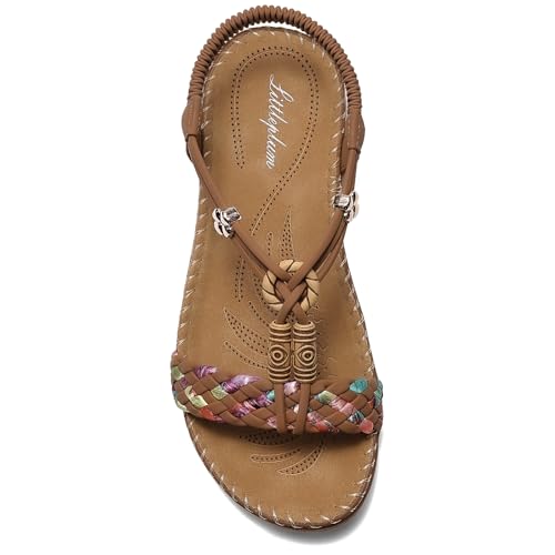 Image of Littleplum Women Sandals Arch Support Handmade Bohemian Braided Flat Sandals Comfort Walking Beach Ankle Elastic Summer Shoes
