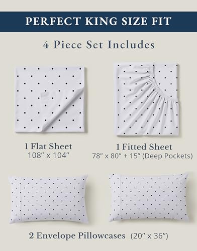 Image of LANE LINEN King Sheet Set 100% Organic Cotton Cooling Soft 4pc - Polka Dot | King Sheets In 100% Organic Cotton Percale - Honest-Price Organic Quality, Crisp, Cool & Breathable, For Hot Sleepers