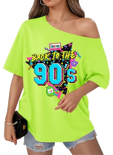 OCURHU 90s 80s Outfit for Women Back to The 90's Shirt Vintage Short Sleeve Off The Shoulder Top Neon Green L