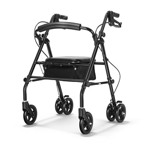 R5 andador ultraligero plegable(con asiento) para ancianos, estructura resistente de acero al carbono, ajuste de altura, sistema de freno/estacionamiento, apto para interiores y exteriores terrenos