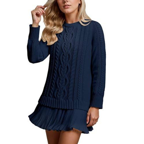 Pulloverkleid Damen mit Spitze Rock Strickkleid Zopfmuster Elegant Herbstkleid Pullikleid Warm Sweater Strickpullover Wollpullover Rundhals Minikleid...