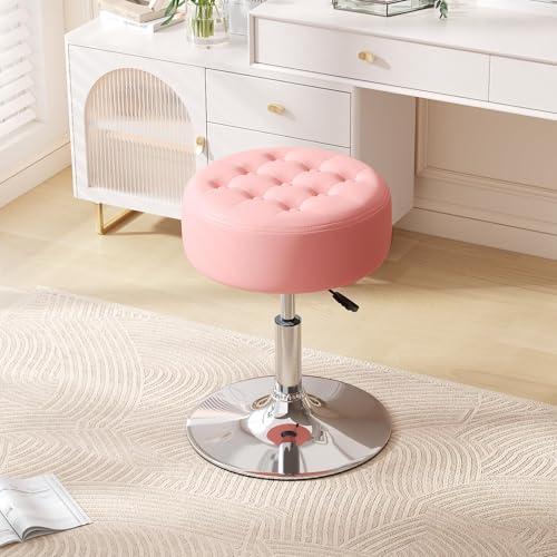 Furniliving Mid-Century Velvet Tufted Makeup Ottoman Stool, 360°Swivel Adjustable Vanity Stool Modern Big Size Vanity Chair Stools for Living Room Bedroom Bathroom, Pink