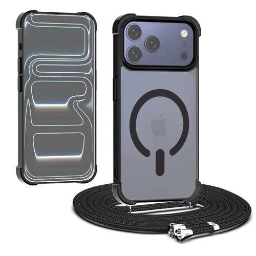 Étui magnétique à bandoulière pour iPhone 17 Pro Max antichoc avec coque transparente noire