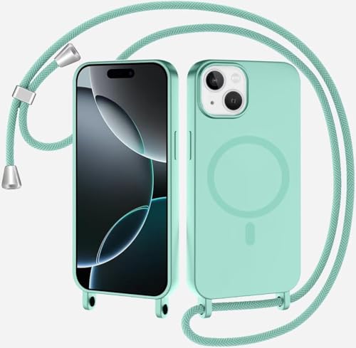 xinyunew Coque Magnétique pour iPhone 16 Plus avec Cordon, Compatible avec MagSafe Collier Étui Silicone Liquide avec Tour de Cou Lanière en Corde Souple TPU Antichoc Housse,Vert Clair