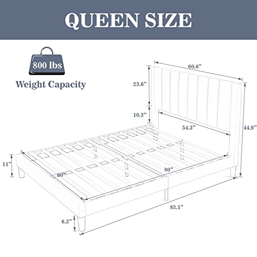 Image of Allewie Queen Bed Frame /Velvet Upholstered Bed Frame with Vertical Channel Tufted Headboard /Strong Wooden Slats /Platform Bed Frame /Mattress Foundation /Box Spring Optional /Easy Assembly /Green