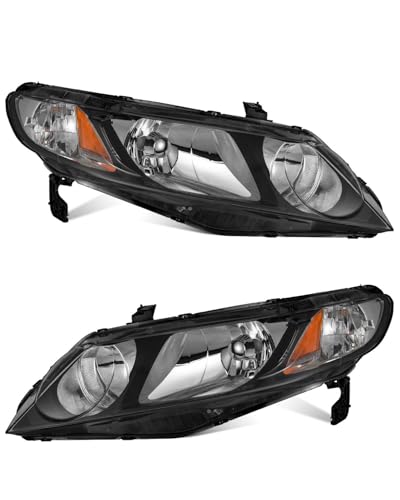 WEELMOTO for 2006-2011 Honda Civic 4-Door Headlights Replacement for Headlight Pair Headlamp Black Housing Amber Reflector Left+Right Side (Does NOT fit 2-Door Coupe models)