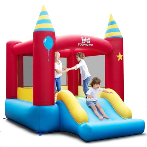 FANTASK Hüpfburg mit Rutsche für Kinder, Spielburg mit Netzwand, Aufblasbares Schloss, 260 x 190 x 205 cm