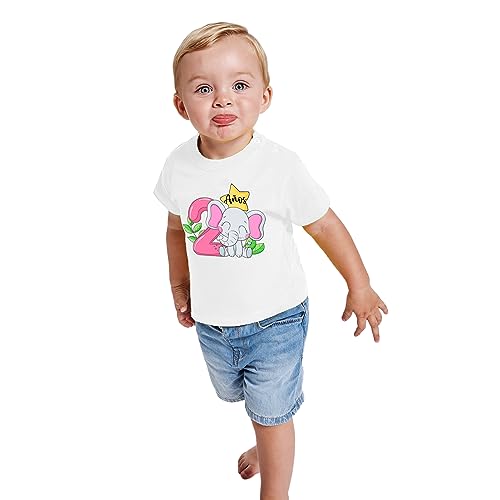 T-shirt 2 anos para bebés - roupa feliz aniversário divertida de algodão, manga curta e toque suave, Elefante