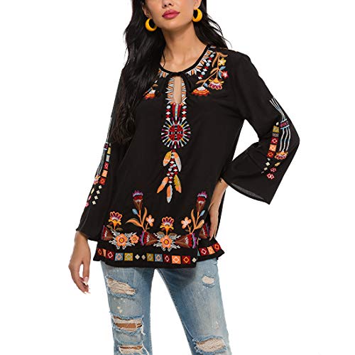 Ak Women's Embroidered Tops Mexican Shirt V Neck Summer Casual Tops Peasant Tunic Loose Blouse (As1, Alpha, S, Regular, Regular, 194-Black) #TOP2