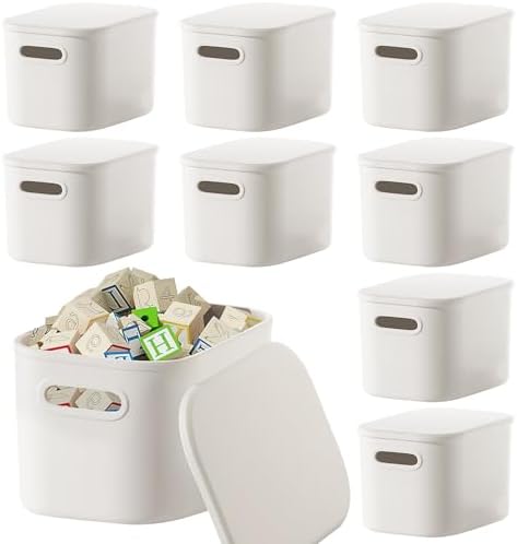 8 Pack Plastic Storage Bins with Lids, Stackable Storage Container with Handle, White Storage Box for Organizing Desktop Closet Shelves Office, 7.1 x 10 x 6.1 Inch