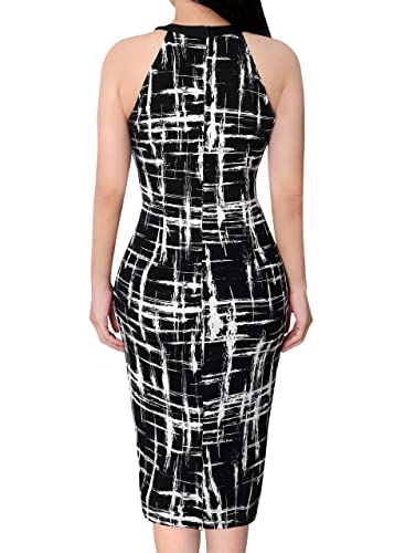 Vfshow Womens Black And White Geometric Print Halter Neck Keyhole Cocktail Party Cutout Pleated Ruched Slim Fitted Bodycon Pencil Dress 9247 Stp S #TOP1