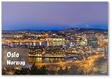 Kühlschrankmagnet Oslo Norwegen Skandinavien, Nachtluftansicht, Panorama, Stadt, Skyline im Geschäftsviertel und Bercode-Projekt, Kühlschrankmagnet