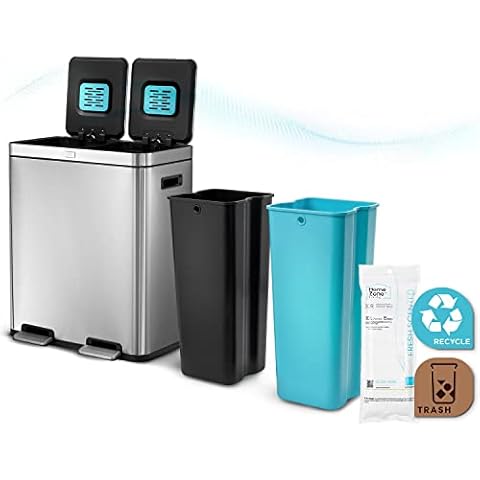 Home Zone Living 15.8 Gallon Kitchen Trash Can, Dual Removable Liners for Recycling and Trash with CleanAura, Wide Stainless Steel Shape (7.9 + 7.9 for 15.8 Gallon Total) Cover