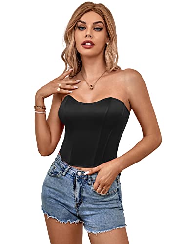 Lyaner Women’s Sexy Satin Sweetheart Neck Crop Tube Tops Strapless Bustier Cami Corset Top Black Small #TOP4
