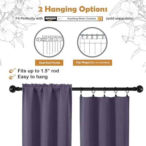 Image of Aiyufeng Greyish Purple Blackout Curtains for Bedroom 63 Inch Length 2 Panels, Solid Thermal Insulated Energy Saving Rod Pocket Window Treatment Curtains Blackout Drapes, W40 x L63 Inch,Greyish Purple