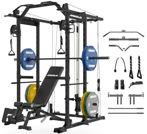 Image of Mikolo Power Cage, Power Rack with Cable Crossover System, 1500LBS Squat Rack with LAT Pull Down System, Workout Cage with Pulley System for Fitness Home Gym
