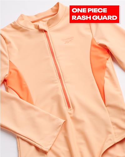 Image of Reebok Girls' Rash Guard Bathing Suit - UPF 50+ Quarter Zip Long Sleeve One Piece Bathing Suit - Monokini for Girls (7-12)