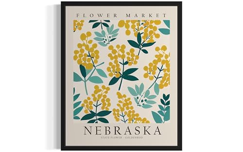 Nebraska Flower Market Art Print Poster State Wall Art, Botanical Floral Artwork Decor for Bedroom, Kitchen, Bathroom, Livingroom Decoration 61 (Nebraska, 10"L x 8"W, Unframed)