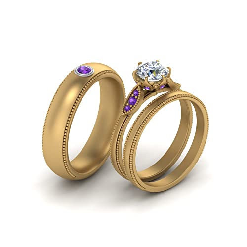 Image of Choose Your Gemstone Milgrain Matching Wedding Set for Couples Yellow Gold Plated Round Shape Wedding Ring Sets Matching Jewelry Wedding Jewelry Easy to Wear Gifts US Size 4 to 12