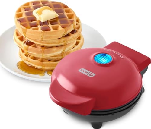 Dash Mini Waffle Maker, 4-Inch Nonstick Cooking Surface, Red | Small Waffle Iron for Dorms & RVs, Chaffle Maker & Compact Waffle Machine, Mini Waffles for Kids & Families