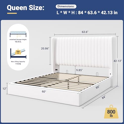 Image of Allewie Queen Size Lift Up Storage Bed Frame Channel Tufted Headboard White
