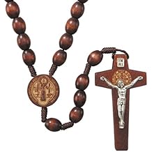 Religious Gifts - Laser Engraved Wooden Prayer Bead Saint Benedict Cord Rosary, 19 Inch