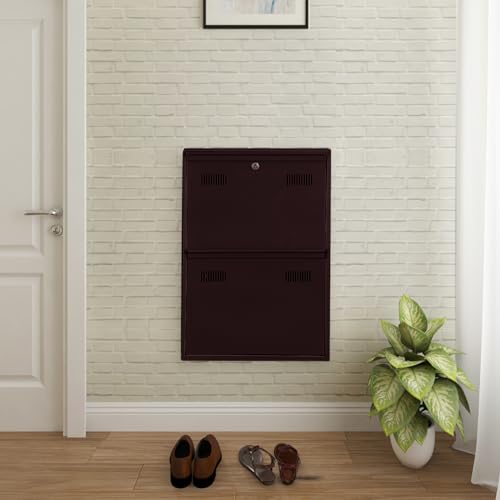 Image of Metal Shoe Rack Wall Mounted for Home with Central Locking | 2 Door 20 inch Wall Mounted Metal 4 Pair Rack Cabinet | Pre-Assembled Shoe Rack Shelves | 3 Years Warranty (Brown)