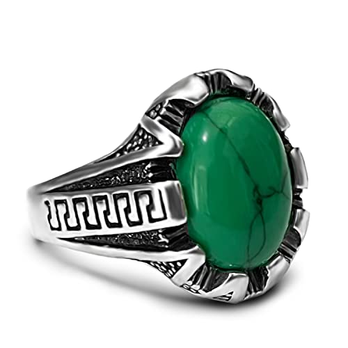 Retro S925 Sterling Silver Rings for Men Women,Natural Turquoise Stone Ring with Great Wall Grain,Vintage Natural Stone Turkey Rings,Oval Shaped Gemstone Rings Jewelry,Great Gem Stone Rings Substitute for Cubic Zirconia Rings(All Handmade No S925 Sta