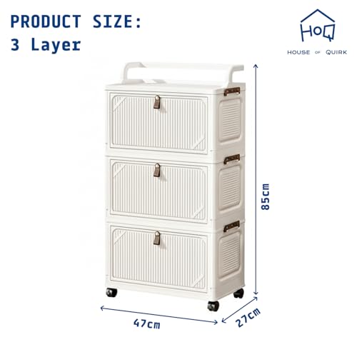 Image of House of Quirk Foldable Storage Box Cart with Wheels & Handle, Multi-Layer Stackable Plastic Storage Bins with Lid, Front Opening Door Organizer, Large Capacity Portable Cabinet (White, 3 Layer)