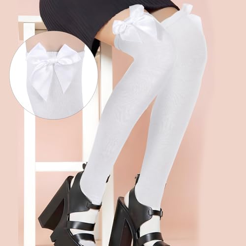 Image of Women's Cotton Opaque Knee High Socks Smooth Edge Bow Socks Cute Soft Knee Uniform Dress Sock with Bow Lolita Gothic (White)